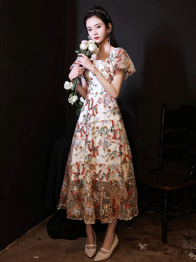 

Вышитые кружевные вечерние платья для свадебной вечеринки, элегантные женские платья-трапеции до середины икры с квадратным вырезом для вы...