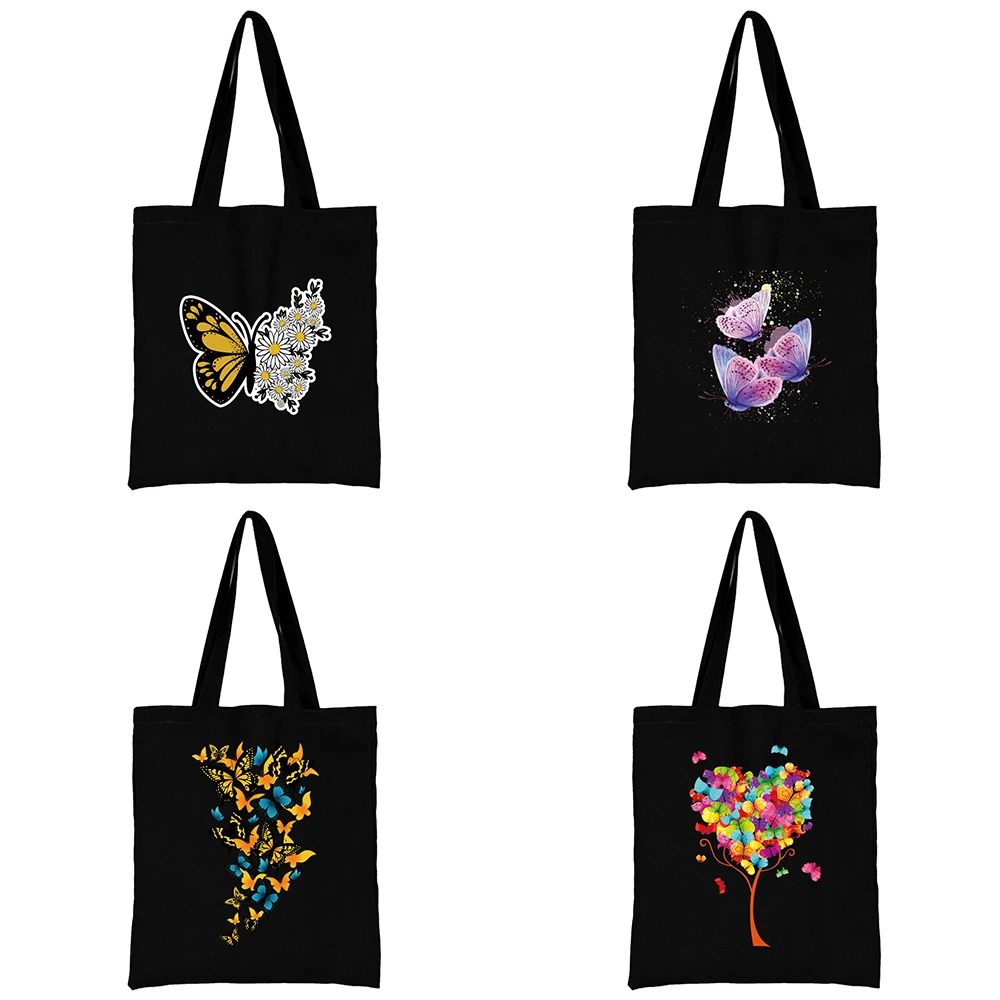 

Настраиваемая Повседневная Холщовая Сумка с принтом бабочки, женская сумка через плечо, модная вместительная женская сумка для покупок