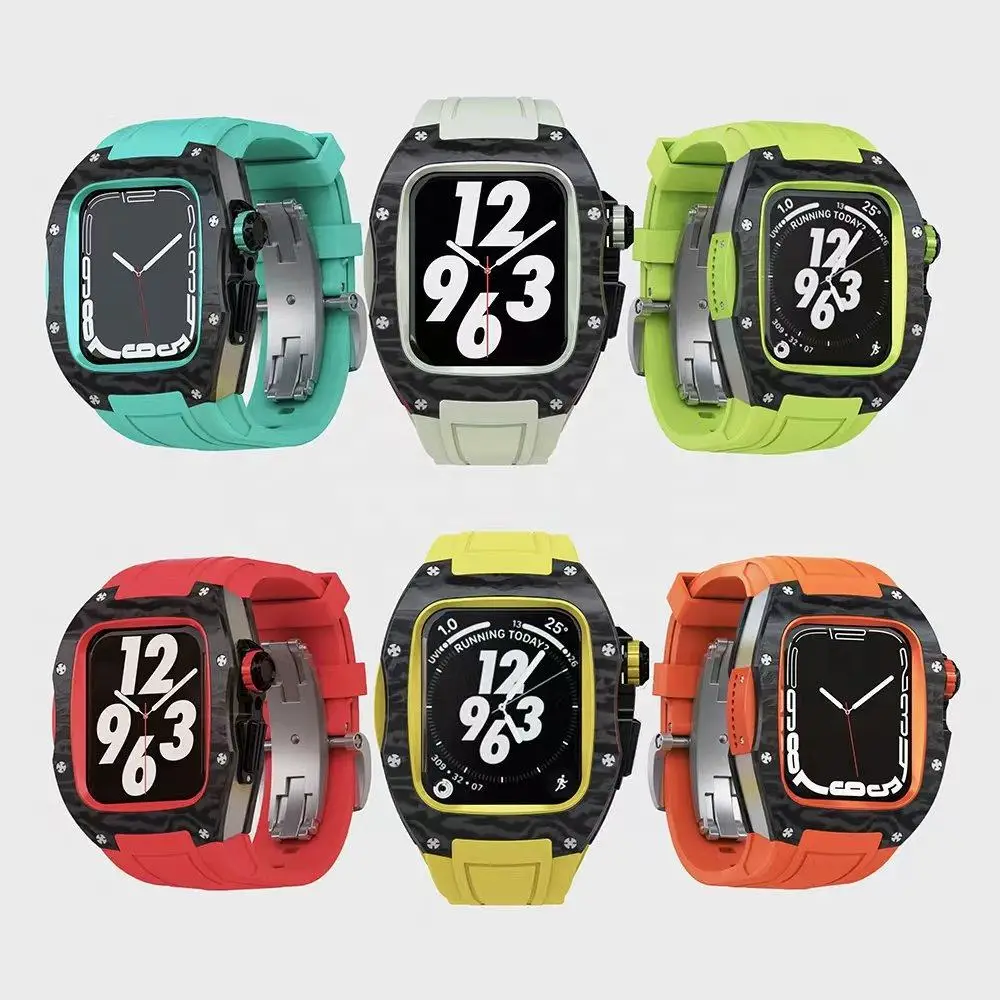 Carbon Fiber Case for Apple Watch Band 44mm 45mm Fluorine Rubber Strap for Iwatch Series 7 6 5 4 SE Diy Modification Accessories