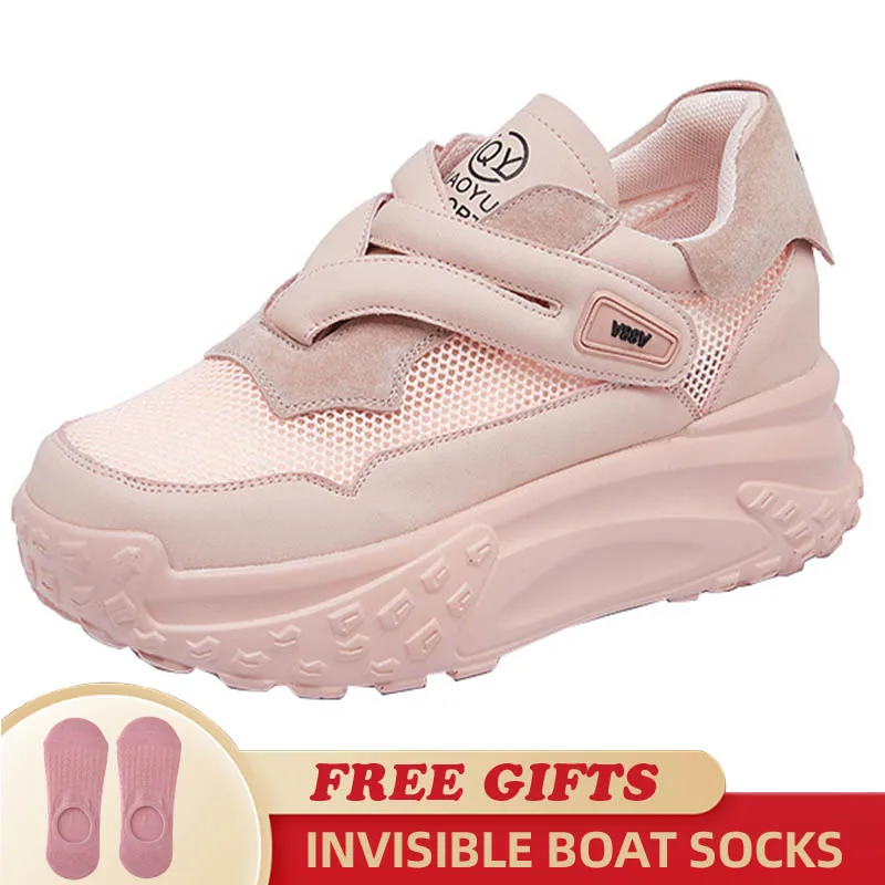 2023 Hook&Loop Mesh New Genuine Leather Comfy High Brand Breathable Shoes Chunky Sneaker Summer Platform Women Wedge Shoes