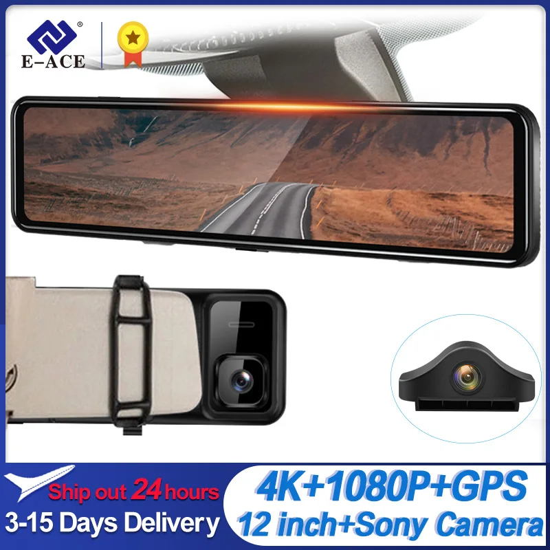 E-ACE 4K Car DVR 3840*2160P Dash Cam Rear View Mirror 12 Inches Video Recorder Sony IMX335 Dual Lens Auto Camera Parking Monitor