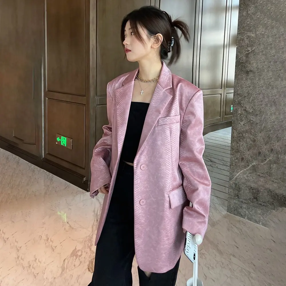 Pink Leather Fabric Blazers For Women Notched Collar Long Sleeve Loose Chic Suit Jacket 2023 Female Spring Autumn Fashion Coat