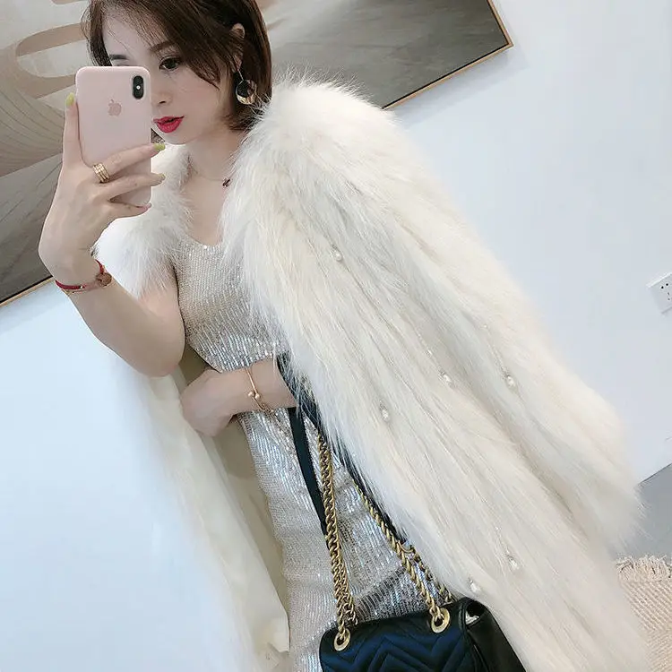Fox Fur Raccoon Fur Feather Imitation Fur Fashion Coat Female Middle Long Thin Pearl Pendant Fringe Casual Coat Female