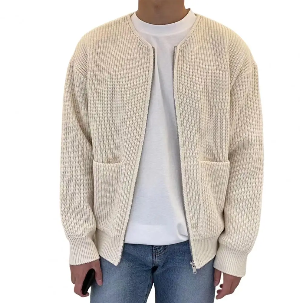 

Sweater Men Cardigan Long Sleeves Solid Color Zipper Closure Pockets Warm Cardigan Loose Zip Up Autumn Sweater Coat Men Clothing