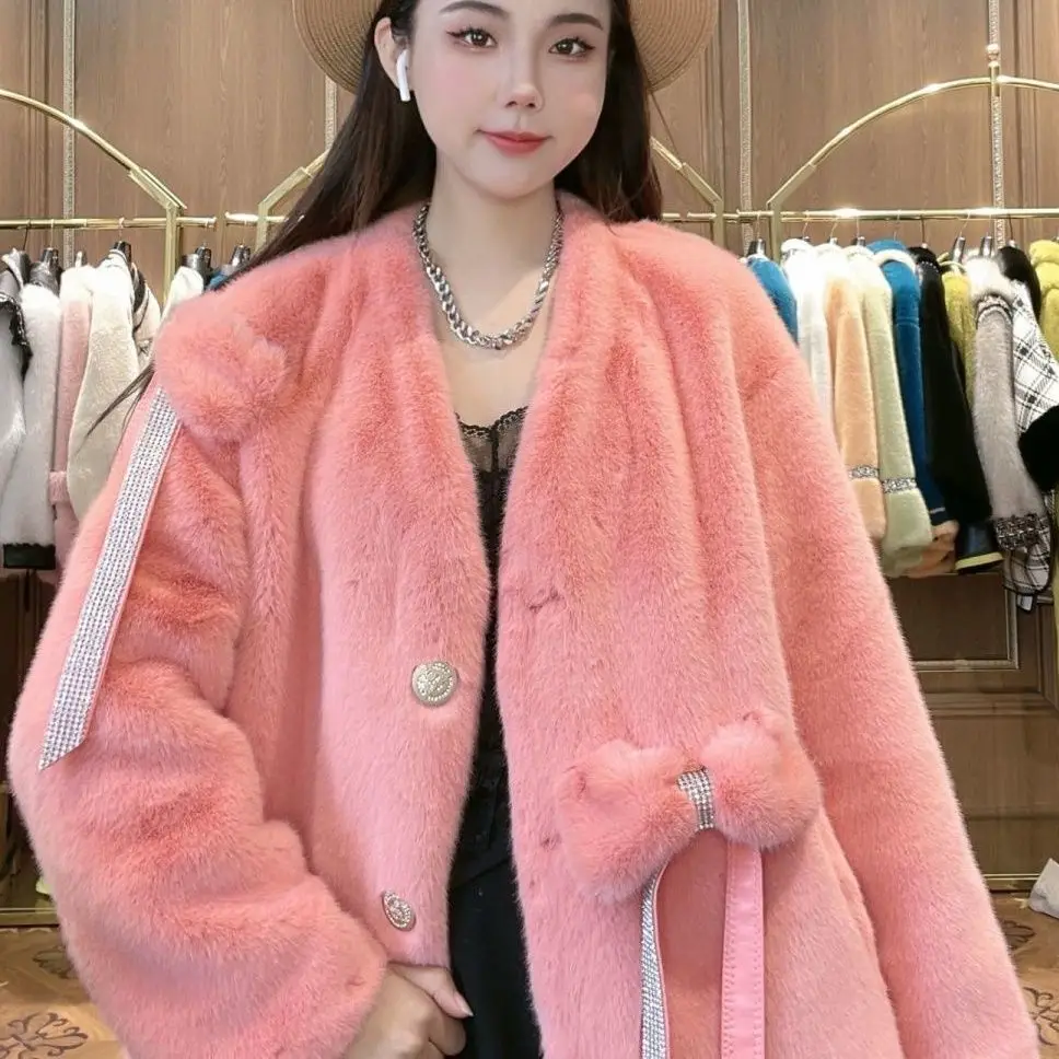 2022 Winter New Fashion High-End Thickening Warm Mid-Length Women Fur Coats Loose Slim Fit Sweet Elegant Long Sleeve Fur Jacket