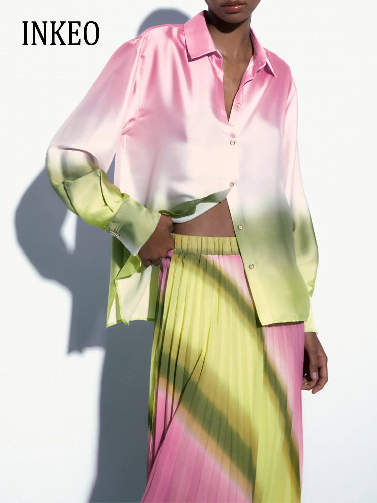 

Элегантный комплект из двух предметов с принтом, женская блузка с длинным рукавом Sirt, атласная плиссированная длинная юбка, осень 2023, женска...