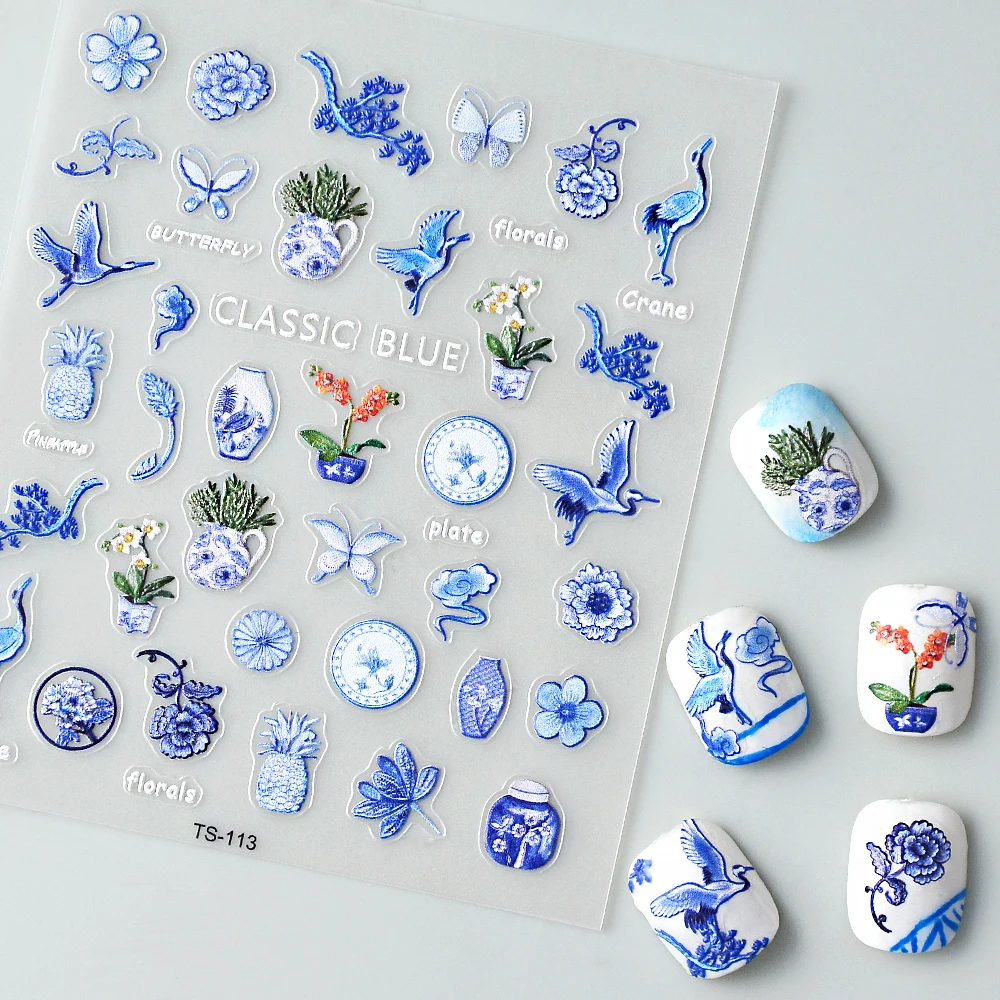 

Классическая синяя ваза, 5D наклейка для ногтей, рельефная гравировка, наклейка, материалы для ногтей