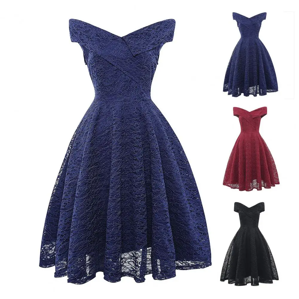 

Chic Elegant Woman Evening Dresses High-end Style Retro Women's Lace Basic V Neck Large Swing Dress Vestidos فساتين مناسبة رسمية