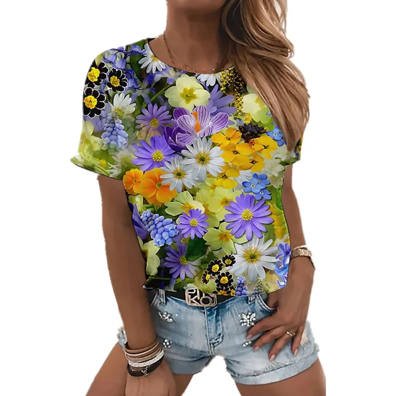 

2022 New Fashion Summer Short Sleeve Rose Flower Print T-shirt Women Casual Plus Size 3D Rose Print T-shirt
