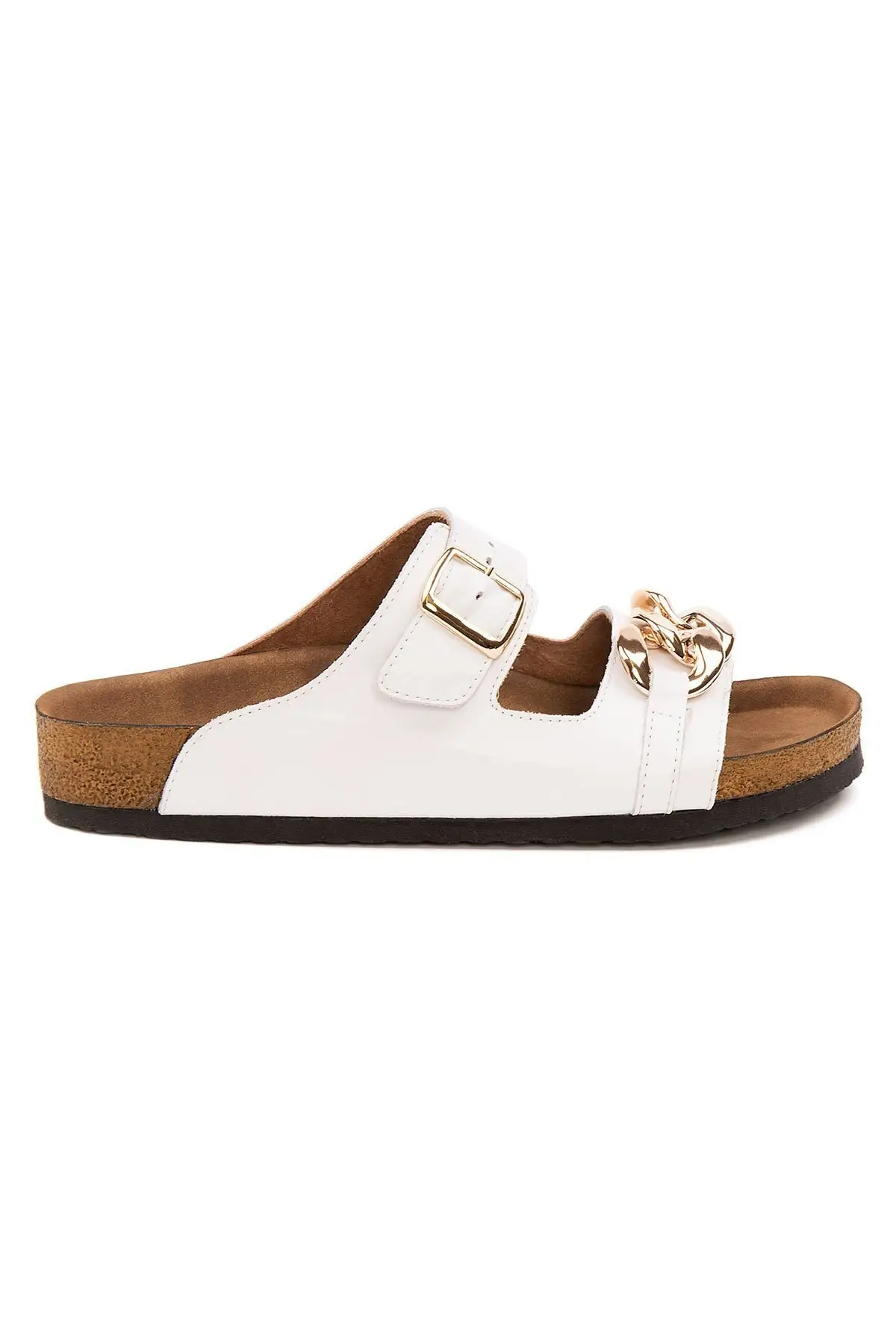 

Women's White Chain Detail Leather Slippers 215532