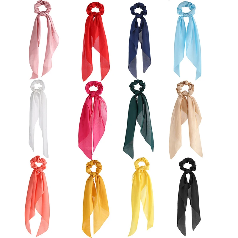 

Silky Satin Scrunchies Long Ribbon Hair Rope Solid Color Knotted Streamer Hair Ties Women Ponytail Scarf Elastic Hair Band