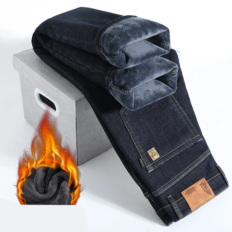 Мужские зимние джинсы на флисовой подкладке: повседневные джинсовые брюки в