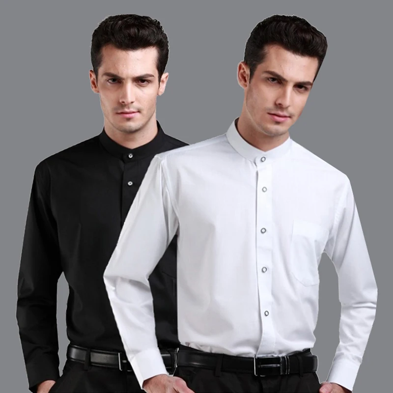 Мужская Однотонная рубашка с воротником-стойкой и длинным рукавом |