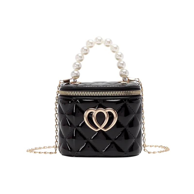 Double Love Heart Bucket Bag Pearl Tote Women Diamond Lattice PVC Cylinder Jelly Bag Zipper Chain Female Shoulder Messenger Bag