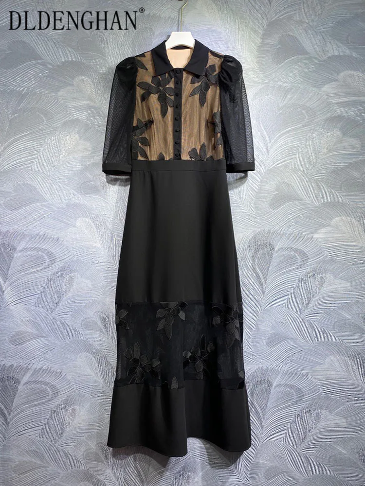 

Платье DLDENGHAN женское длинное с отложным воротником, офисное Сетчатое черное модельное платье с коротким рукавом и вышивкой, весна-лето