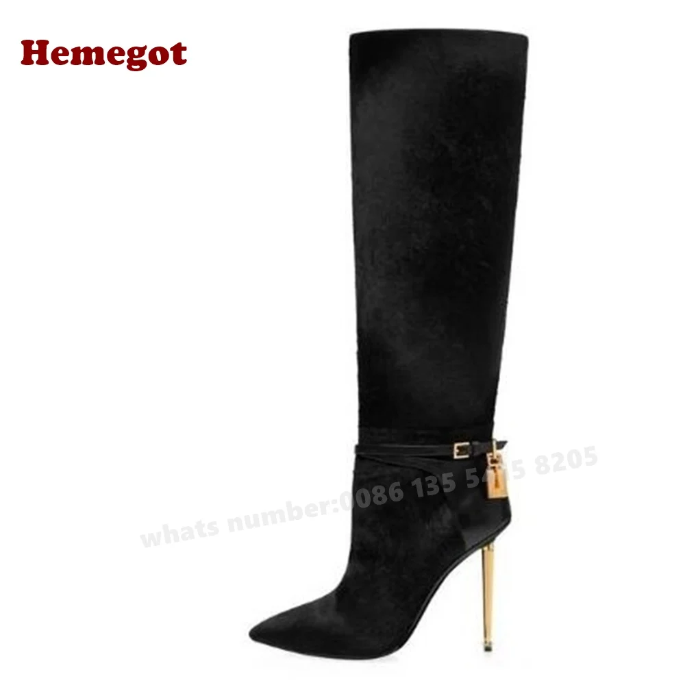 Croc-Pattern Metal Heels Knee High Boots Padlock Pointy Toe Buckle Women's Long Luxury Winter Designer Shoes Plus Size