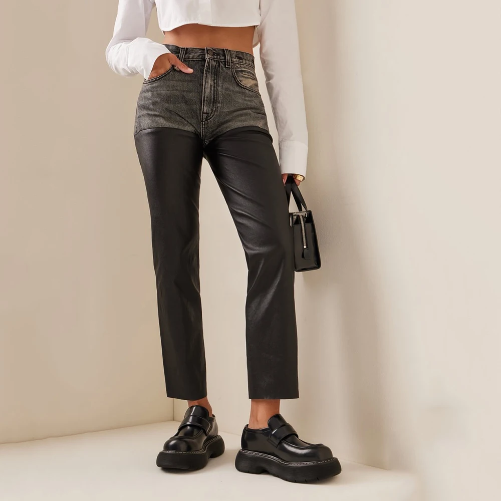 Black Retro PU Leather Stitching Women's Straight Pants 2023 Spring Fashion Personality Casual Hundred Matching Jeans Trousers