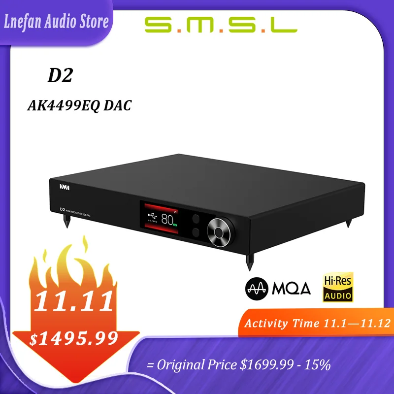 

SMSL VMV D2 Hi-Res AK4499EQ DAC MQA Audio Balance Decoder USB XMOS XU216 32Bit 768KHz DSD512 Bluetooth 5.0 LDAC AES I2S Decoding