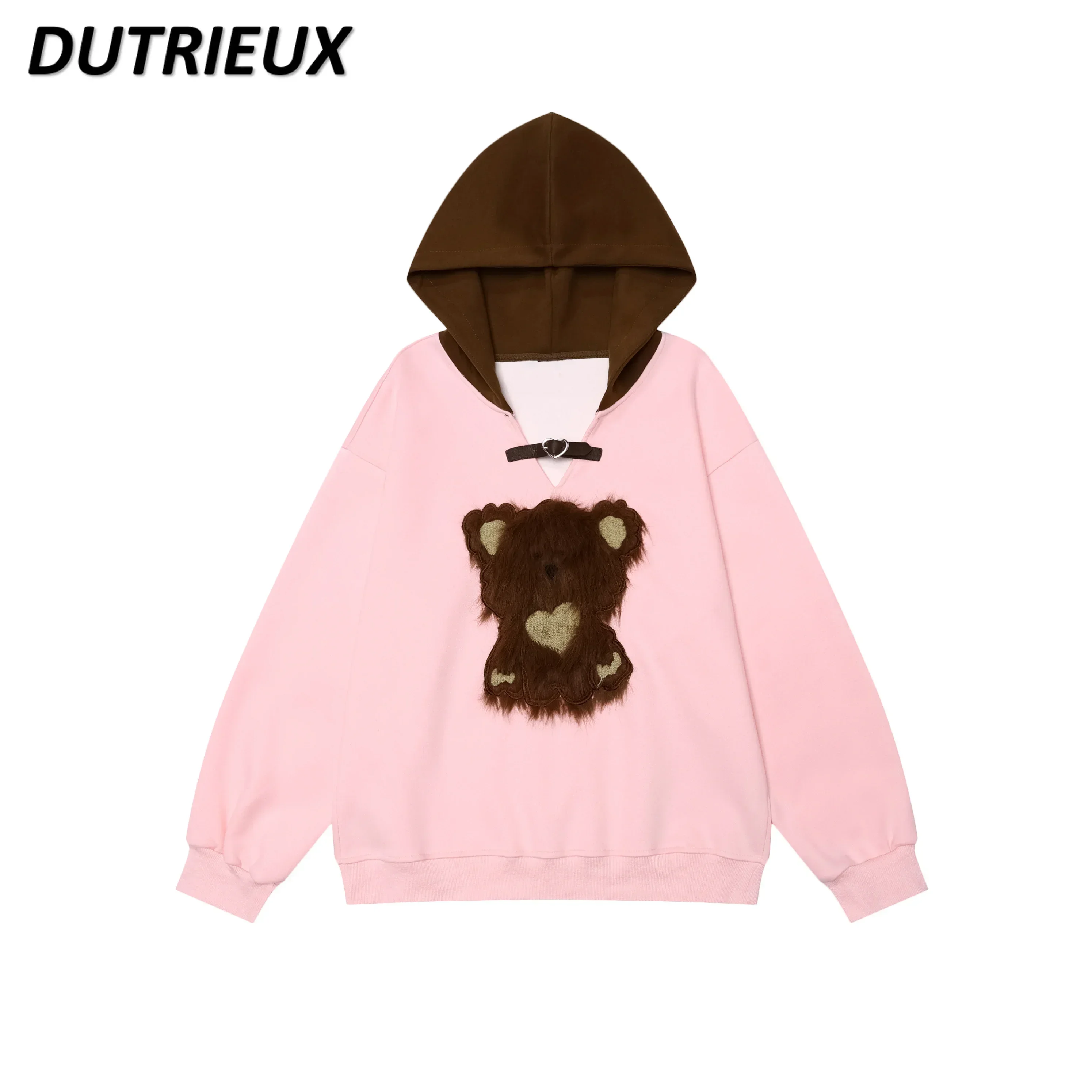 kowanej haftowanej kreskówki bluza z kapturem i dekoltem w szpic damska wiosenna jesienna słodka dziewczęca dopasowana kolorystycznie luźna