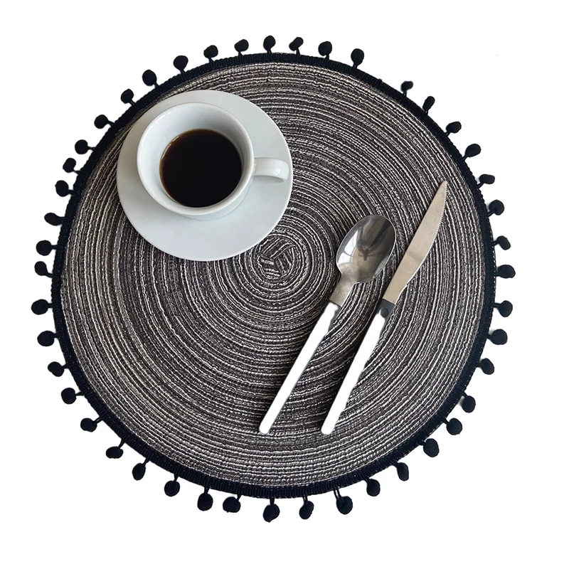 

Inyahome 1/4/6Pcs Pompom Black Tassel Place Mat for Dining Room Kitchen Table Mats Decor Heat Resistant Washable Non-Slip Party