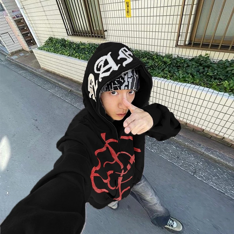 

2023 New Fashion Y2k Streetwear Hip Hop Zipper Hoodie Men Autumn Oversized Loose Long-sleeve Sweatshirt Casual Punk Jacket Coat