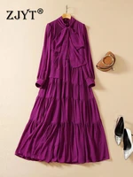 zjyt women long maxi party dress 2022 runway fashion bow collar vintage purple evening gown full sleeve aline bohemian robes