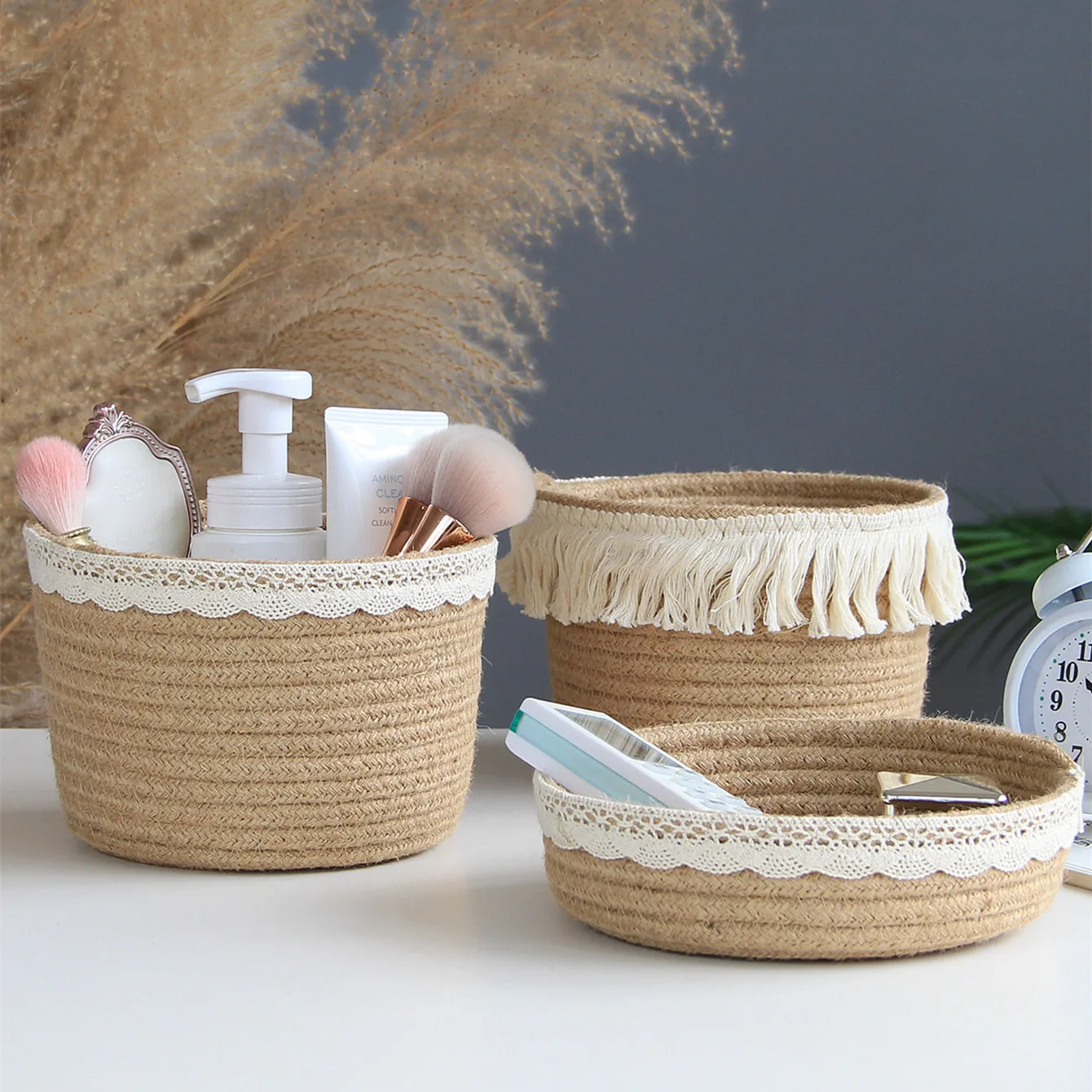 

Multifunctional Storage Baskets Desktop Organize Box Jute Handmade Woven Household Space Saving Sundries Key Cosmetics Container