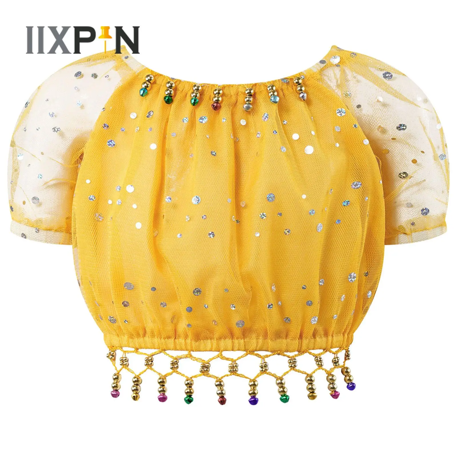 

Kids Girls Belly Dance Costume Short Sleeve Shiny Sequins Mesh Bells Beads Tassel Dancing Tops Folk Dance Bellydance T-shirts