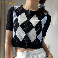 e girls t shirts women simple knitted korean fashion summer tops daily teens retro new tees o neck classic englant style preppy