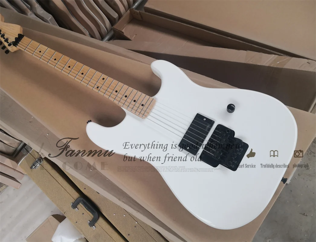 Белая электрическая гитара токарный корпус кленовый гриф тремоло мост закрытый