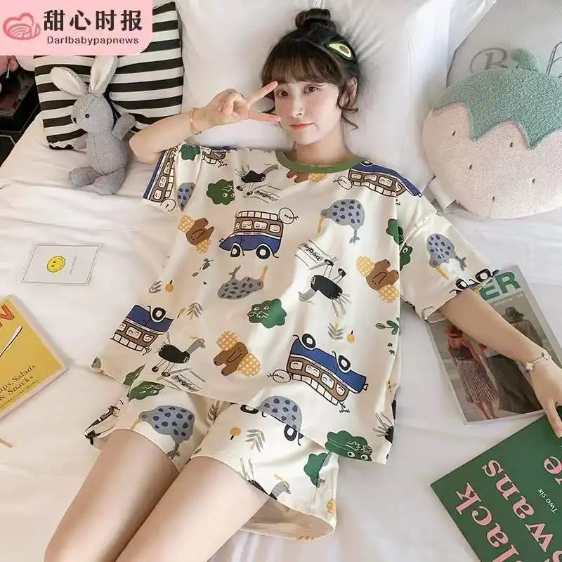 Women Pajama Sets Loose Casual Short Sleeve Cartoon Kawaii O-neck Cotton Cozy Soft High Elastic Waist Ulzzang Female Sleepwear