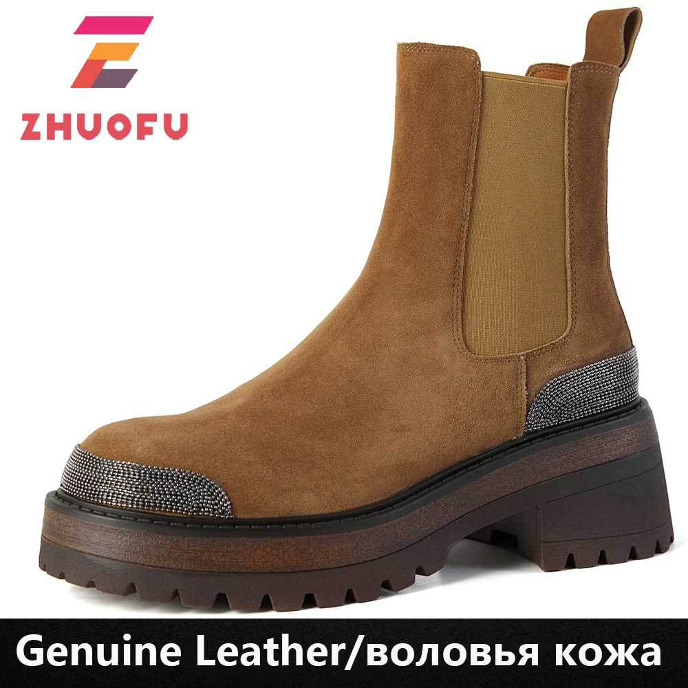 

Женские ботильоны ZHUOFU, женские замшевые ботинки без шнуровки из коровьей кожи, короткие ботинки с круглым носком, украшенные цепочкой, мото...