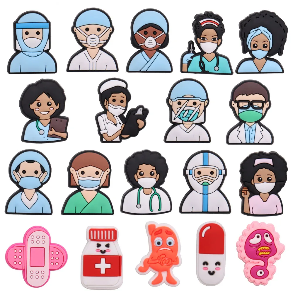 

1-19Pcs Hospital Ambulance Medical Doctors Nurse PVC Garden Shoe Charms Decorations Buckle DIY Wristbands Croc Jibz Kids Gift