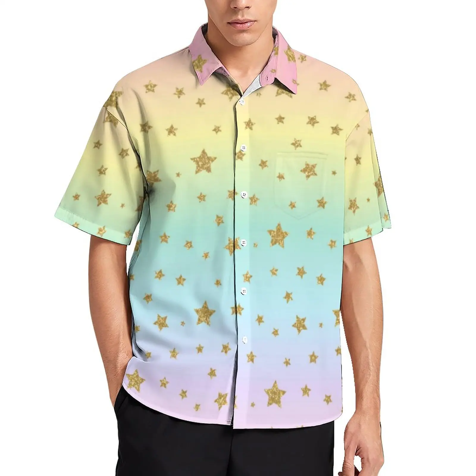 

Golden Stars Casual Shirts Ombre Print Beach Shirt Hawaiian Vintage Blouses Male Print Plus Size