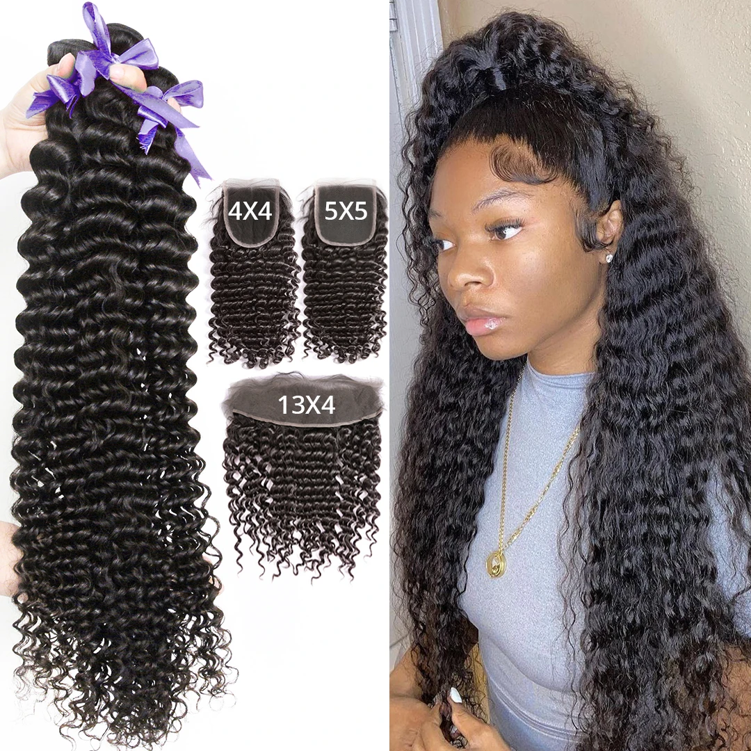 CEXXY 30 40inch Deep Wave Bundles with Closure 5X5 Lace Closure 13x4 frontal with Bundles Weave Water Brazilian Curly Human Hair
