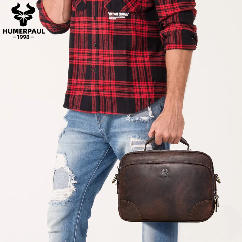 HUMERPAUL Brand Crazy Horse Leather Men Messenger Bag Vintage Man Crossbody Bag Large Capacity Male Shoulder Bags Bolsos Travel