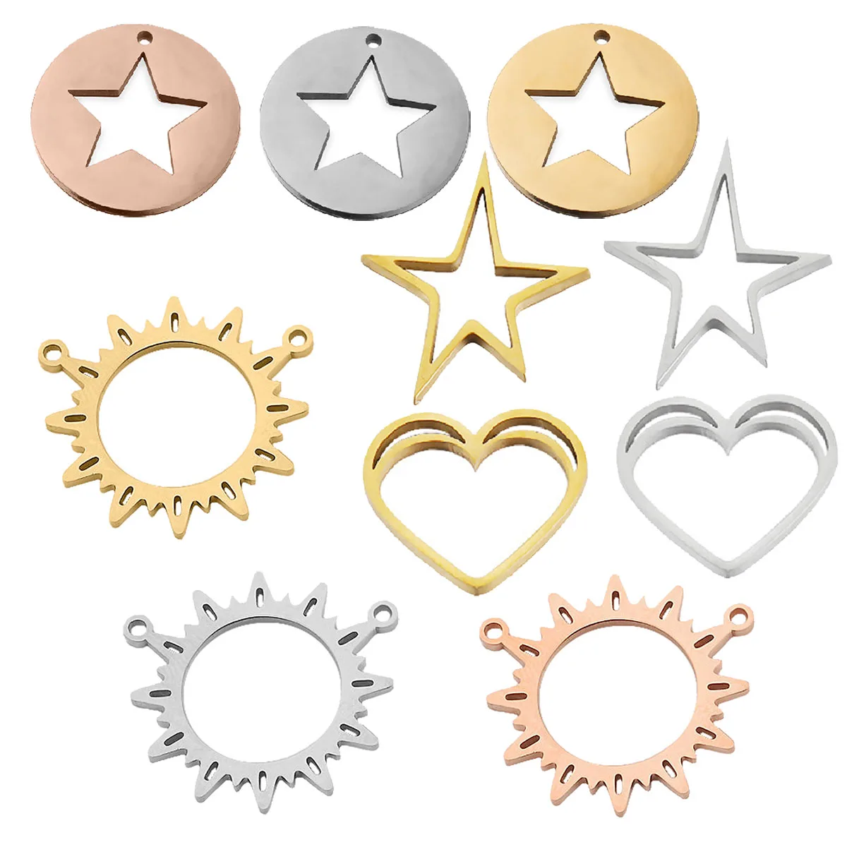 

5pcs Sun Heart ＆ Star Charms Stainless Steel Bracelet Necklace Pendant DIY Gift Jewelry Making Handcrafted Accessories Wholesale