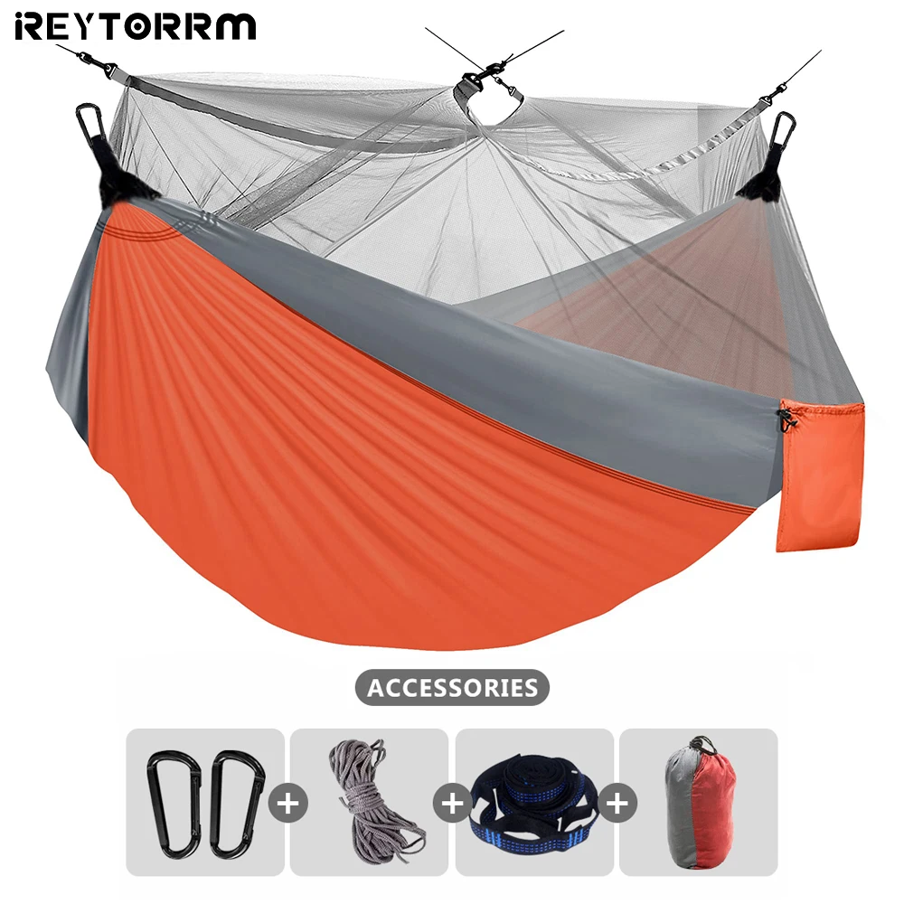 Camping Hammock with Mosquito Net 2 Person Portable Nylon Hammock Tent for Outdoor Backpacking Hiking Travel with Tree Straps