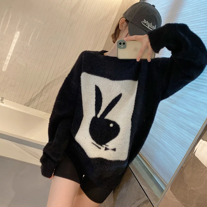 

High Quality Cartoon Bunny Pattern Mohair Loose Crewneck Sweater Women's Autumn and Winter New Lazy Style Mink Knit Top Thick