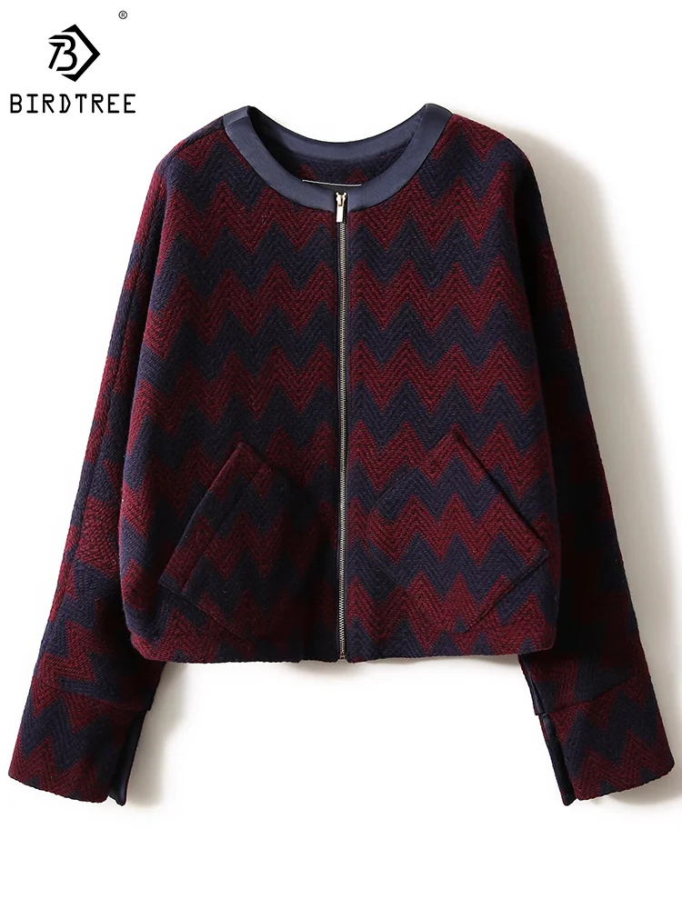 

Birdtree 50.1%Sheep Wool Blending Elegant Fashion Coat Long Sleeve Stripe Designed Chic Retro Jacket Women Fall Winter C3N023QM