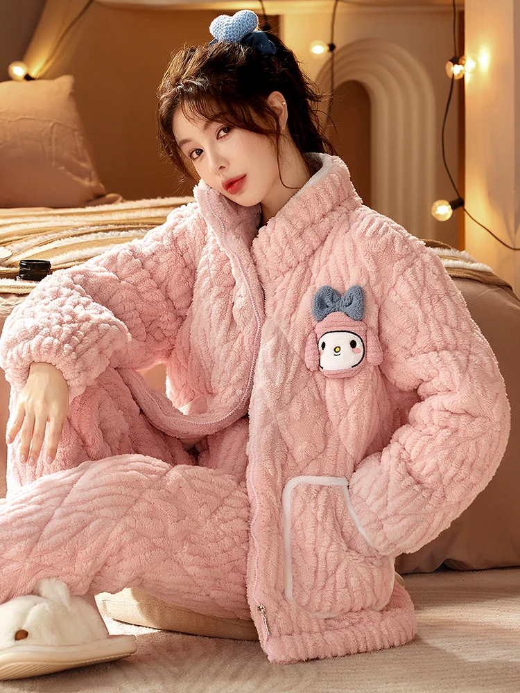 Three-Layer Cotton-Padded Jacket Stand Collar Pajamas Women Winter Fleece-lined Thickened Coral Fleece Warm Cute Homewear Two...