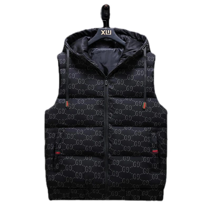 Men's Down Cotton Vest Autumn and Winter Fashion Men and Women Jacket Vest Men's Casual Hooded Sleeveless Down Jacket Men's Coat