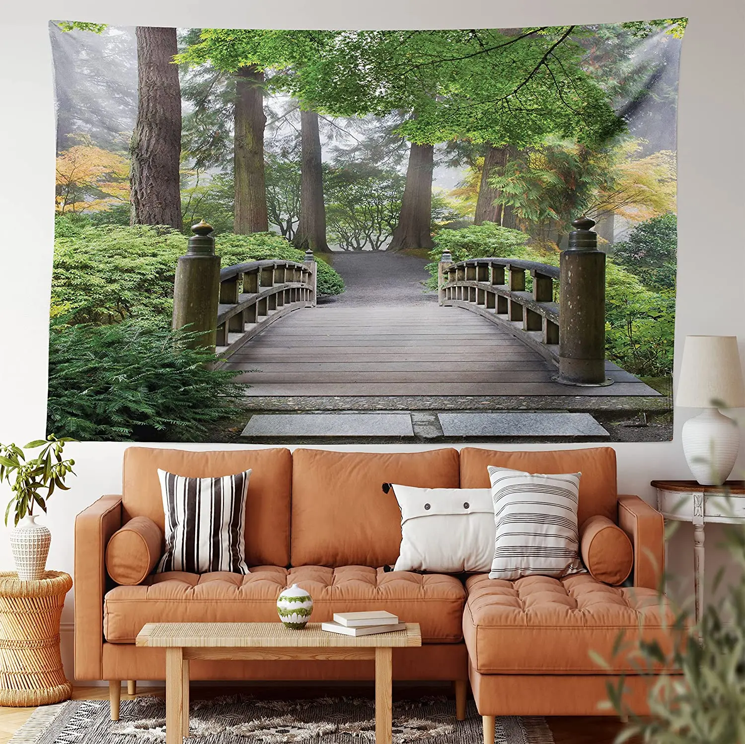 

Японский гобелен, туманный деревянный мост в Японии, садовые деревья в осеннем виде, азиатская настенная Подвеска для спальни, гостиной