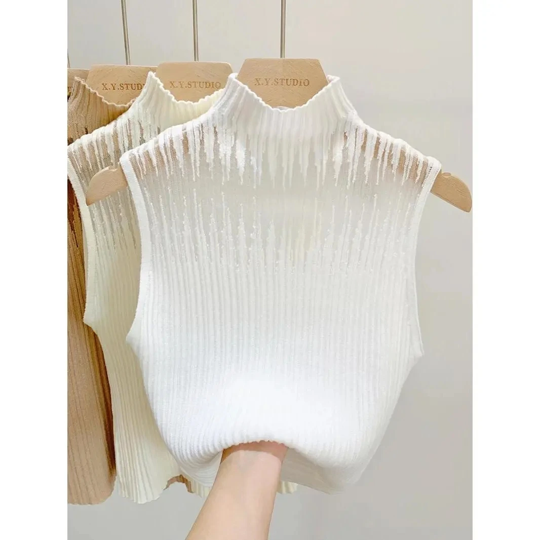 Hollow Out Gauze Tank Top Turtleneck Elegant Sleeveless Design Slim Camis Knitting Solid Chic Corset Summer Women's Tube Top