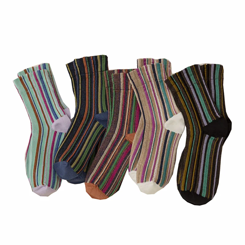 

5 Pair Autumn Winter Cotton Long Socks Stripes College Korean Style Women Socks Set Foot Comfort Personality Girl Vintage Sokken