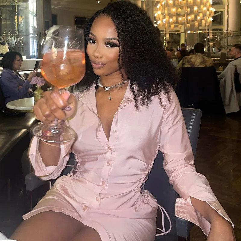 

2023 Summer Sexy Satin Dress Women Solid Color Side Hollow Bodycon Dress Lace Up Long Sleeve Slim Dress