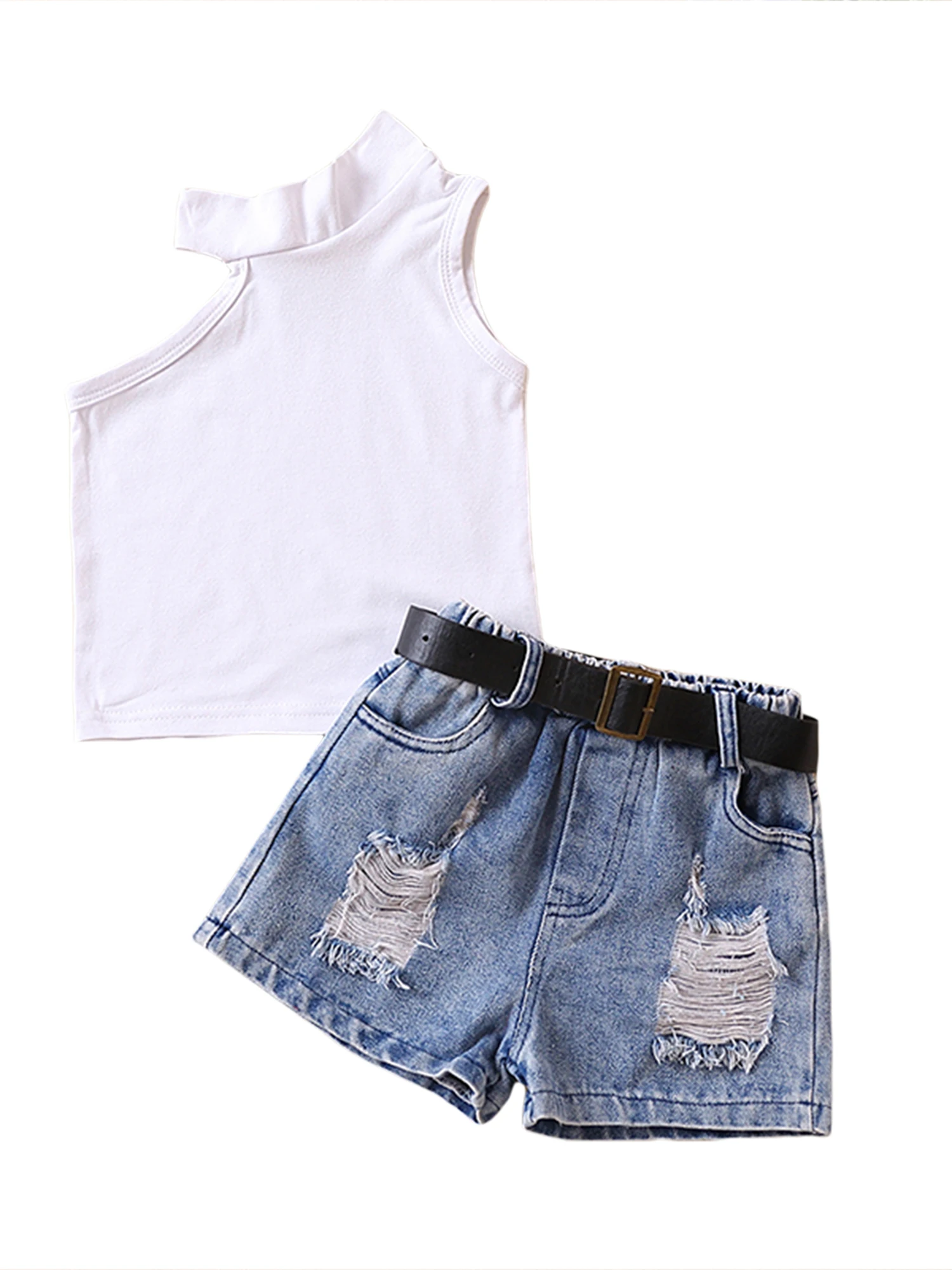 

2PCS Toddler Girls Summer Outfits Sleeveless Asymmetric Tank Tops Belted Denim Shorts Set Kids Clothes