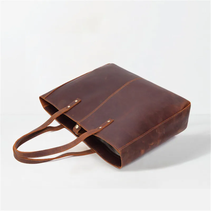 Vintage simple large capacity genuine leather unisex tote bag casual daily work men's crazy horse cowhide handbag shoulder bag