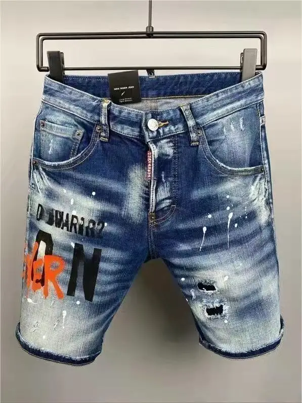 

2023 new fashion tide brand men's water wash worn holes shake paint motorcycle denim shorts 9828-1