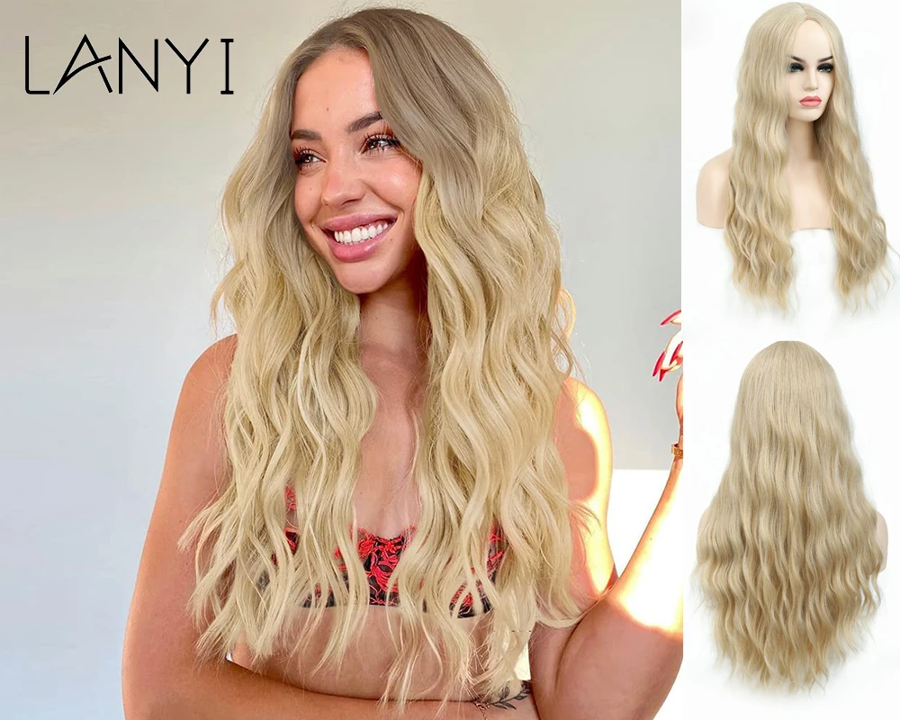 

Long Curl Wavy 26 Inches Blond Synthetic Wig For Women Middle Part Heat Resistant Natural Daily Wigs Cosplay Blue Yellow Color
